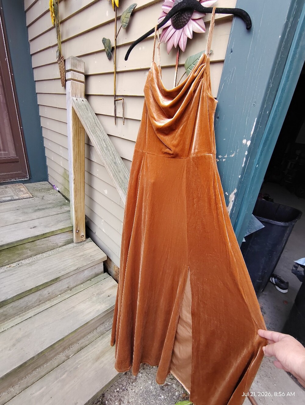 Satin-Effect Rust Velvet Maxi Dress with Cowl Neck